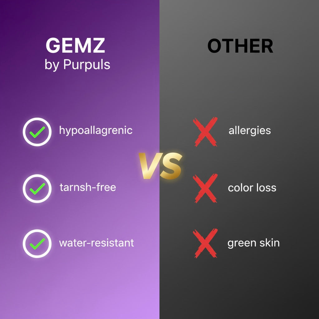 Comparison chart between 'GEMZ by Purpuls' and 'Other' with checkboxes and crosses on a purple and gray background.