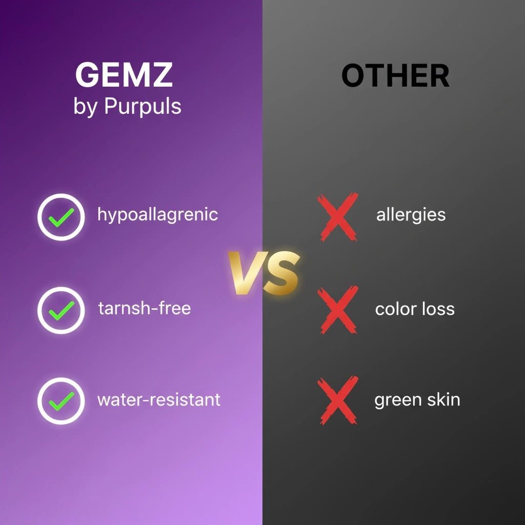 Comparison chart between 'GEMZ by Purpuls' and 'Other' with checkboxes and crosses on a purple and gray background.