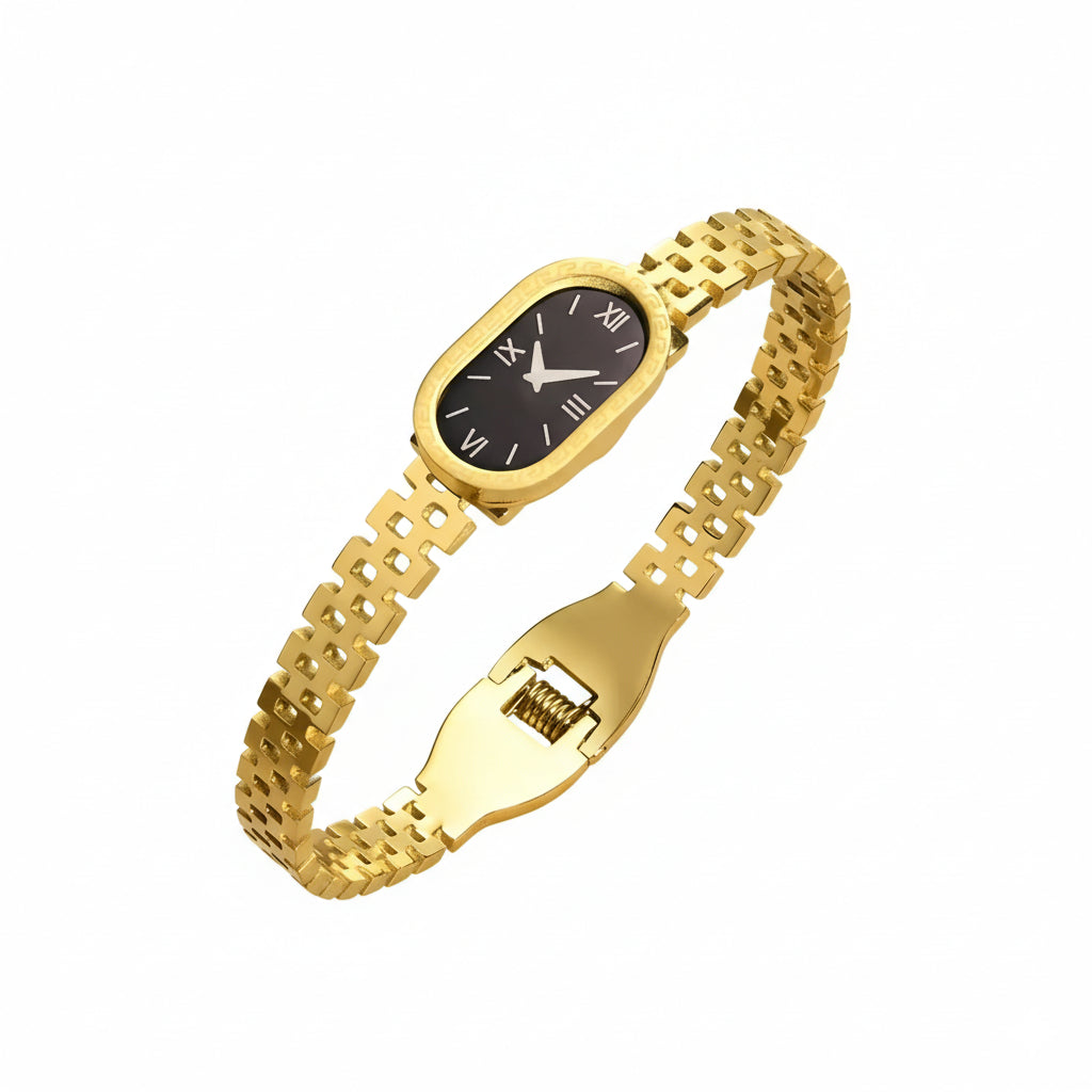 Gold wristwatch with a black face on a white background