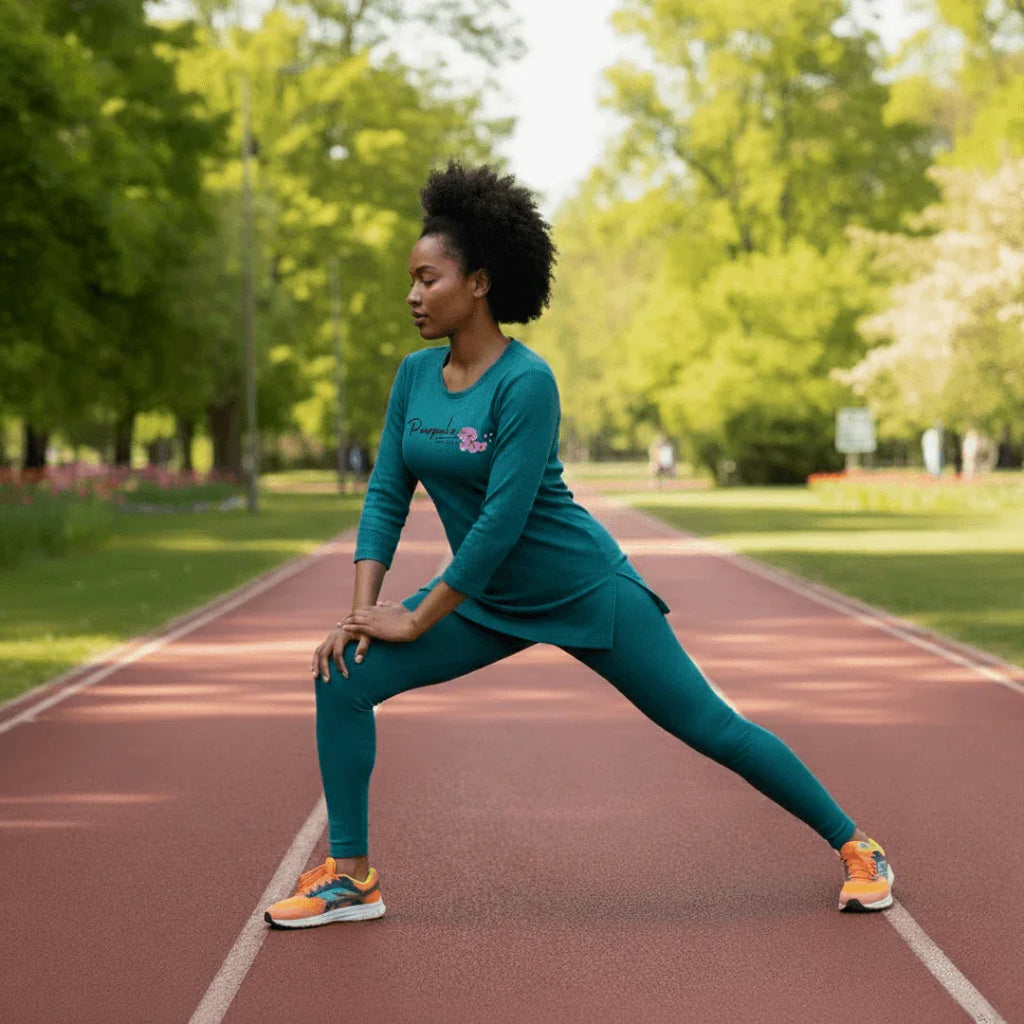 Woman in teal workout outfit stretching on outdoor running track with green trees