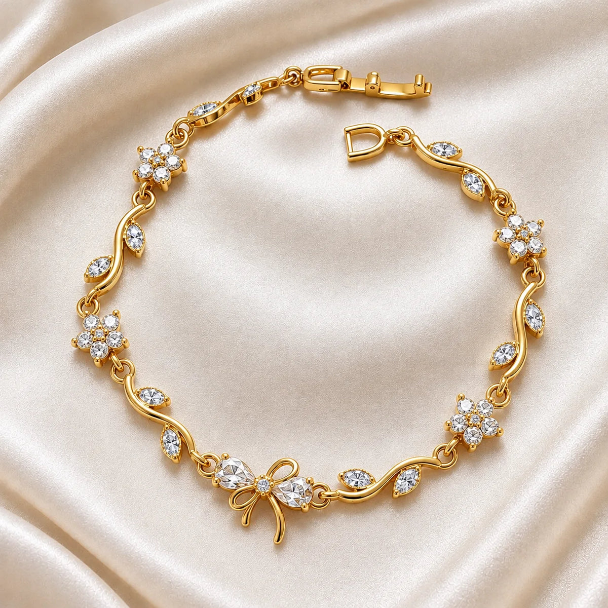White zircon flower vine bracelet with bow charm for women, free designer gift box