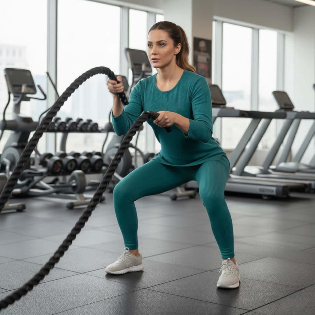 Woman in teal gym wear using battle ropes in modern fitness center