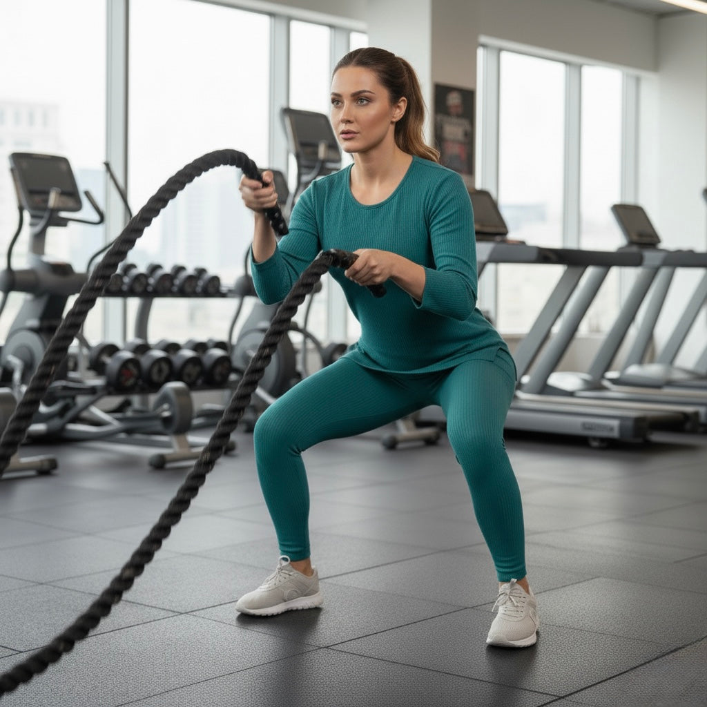 Woman exercising with battle ropes in a gym setting