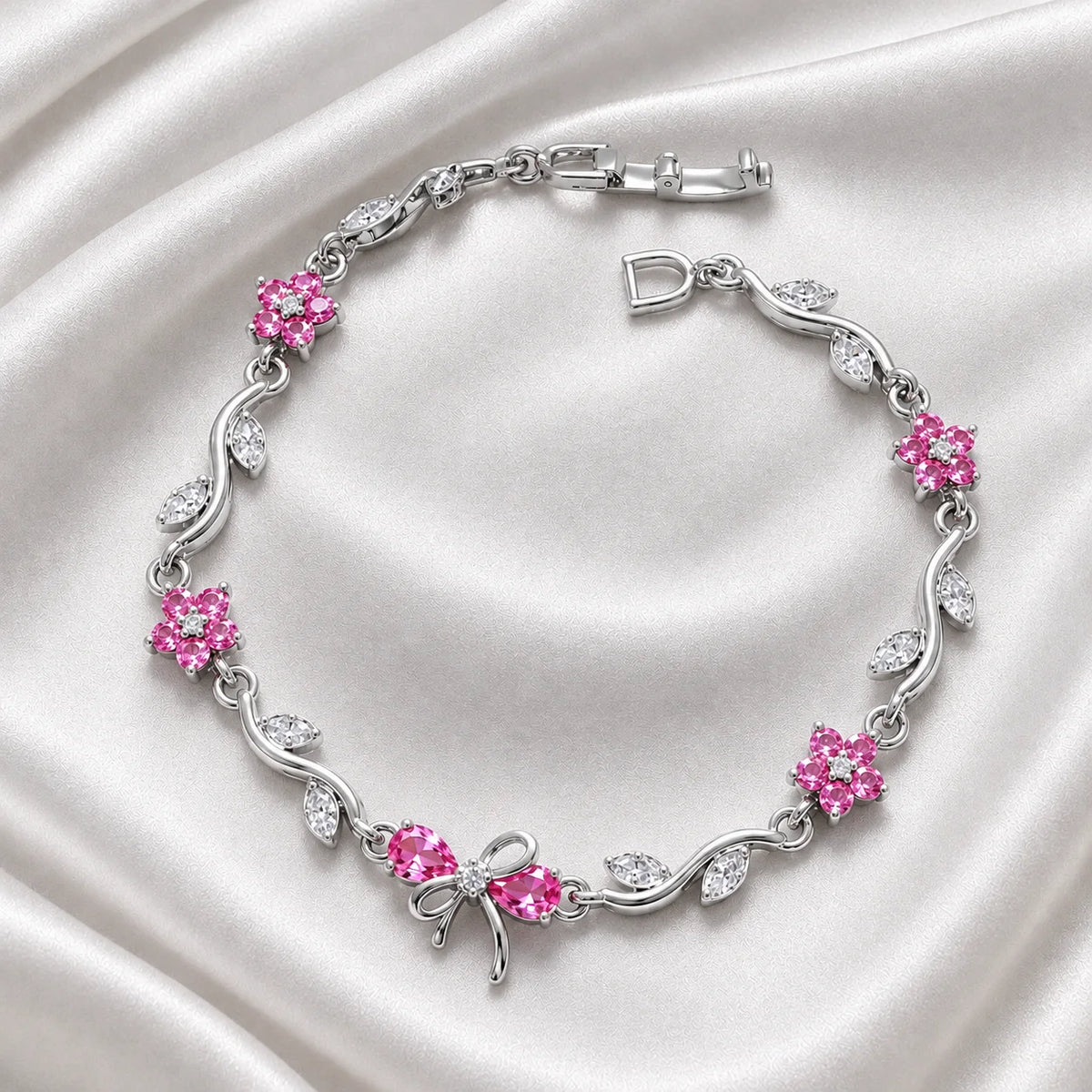 Silver-tone bow vine bracelet with pink zircon flowers for women, free gift box included