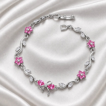 Silver-tone bow vine bracelet with pink zircon flowers for women, free gift box included