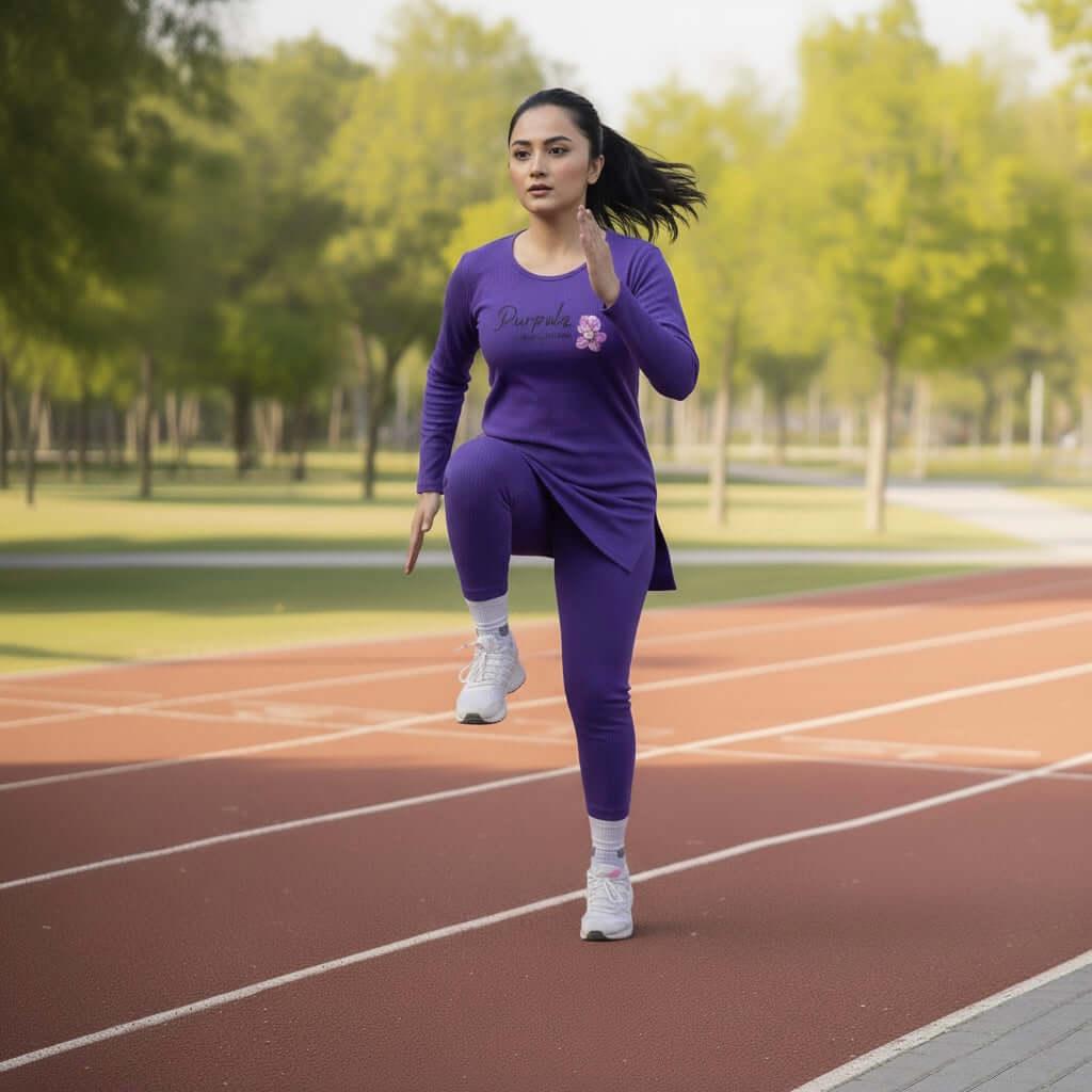 Woman in purple athletic wear running on a track in a park.