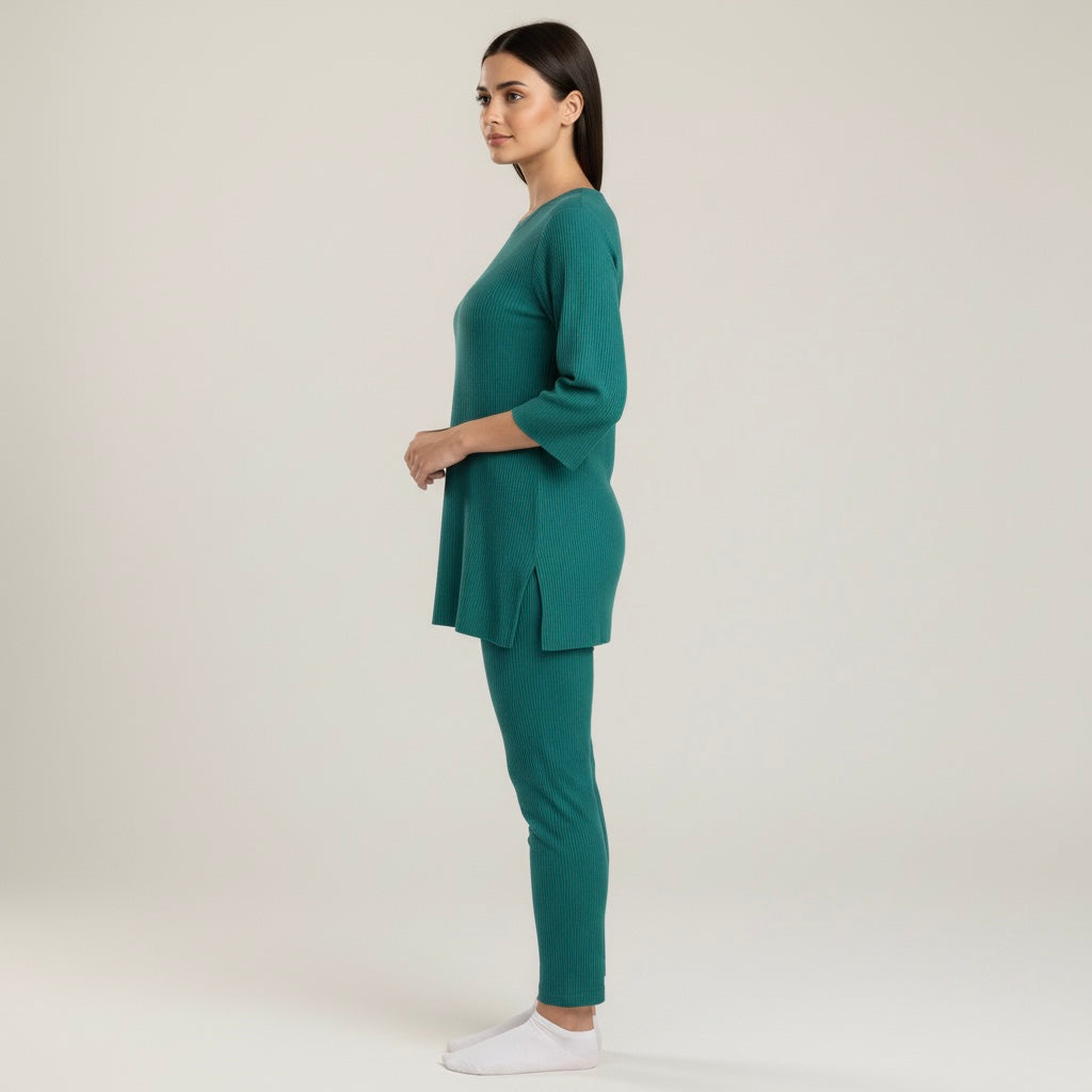 Woman wearing a teal outfit on a white background