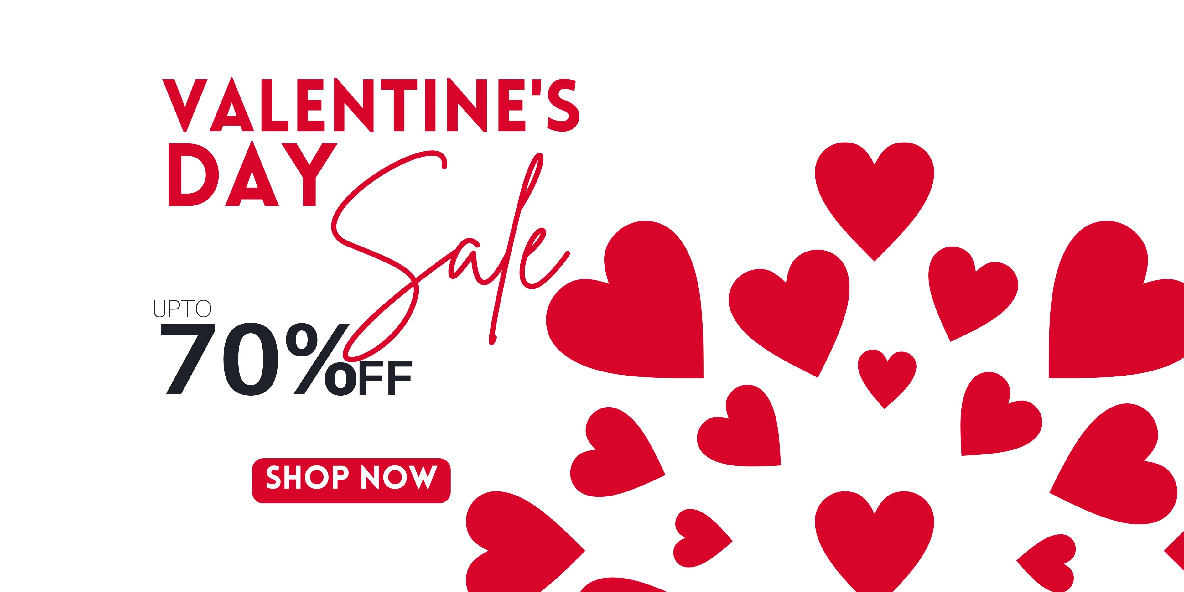 Valentine's Day sale banner with red hearts and promotional text on a white background