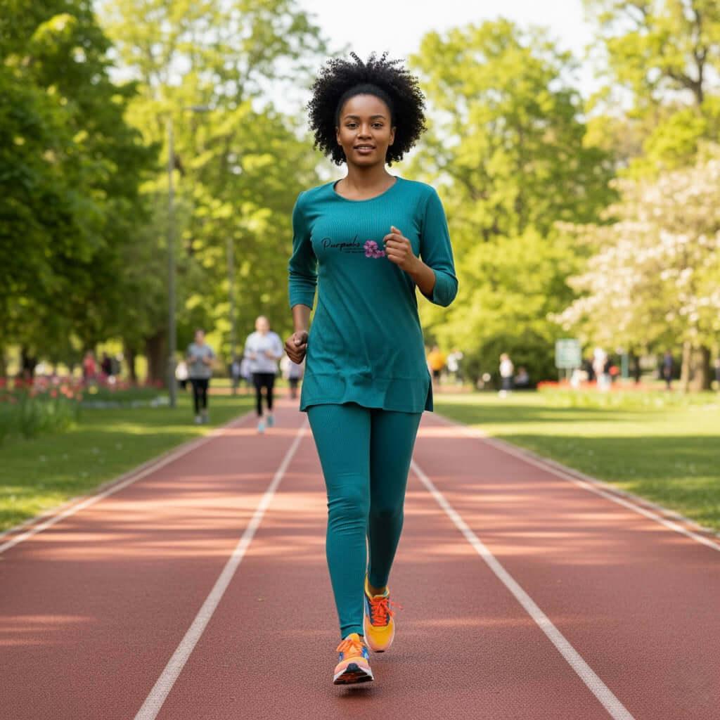 Woman jogging on outdoor running track in green athletic wear, park background, sunny day