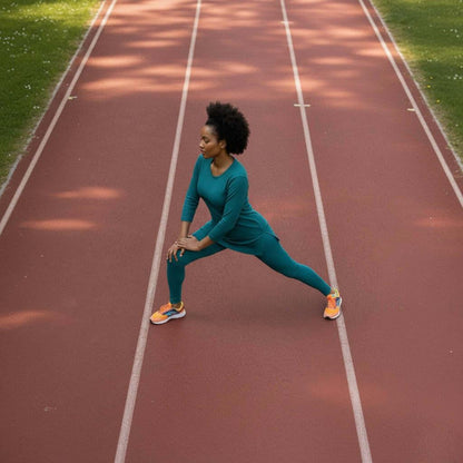 Woman stretching on outdoor running track in teal activewear and orange sneakers