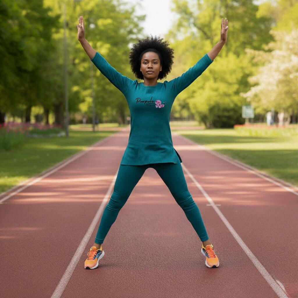 Woman exercising in athletic wear on outdoor running track, surrounded by green trees.