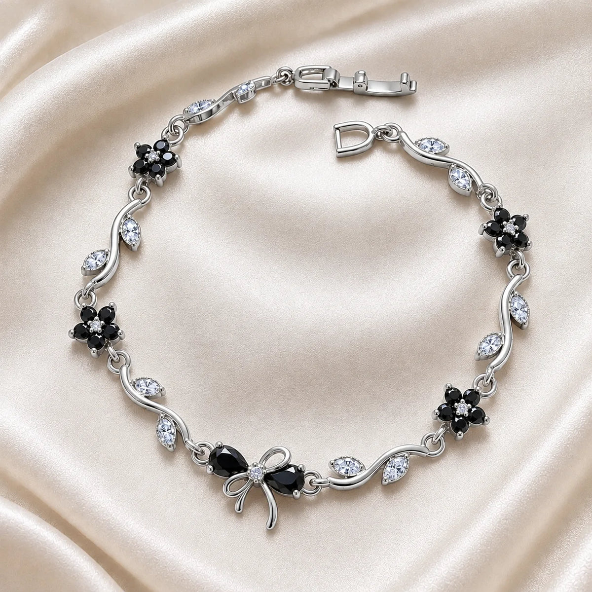 Silver-tone bow vine bracelet with black zircon stones for women, free gift box