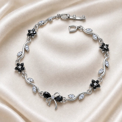 Silver-tone bow vine bracelet with black zircon stones for women, free gift box