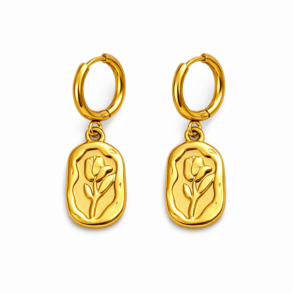 Gold hoop earrings with tulip-shaped charms on a white background