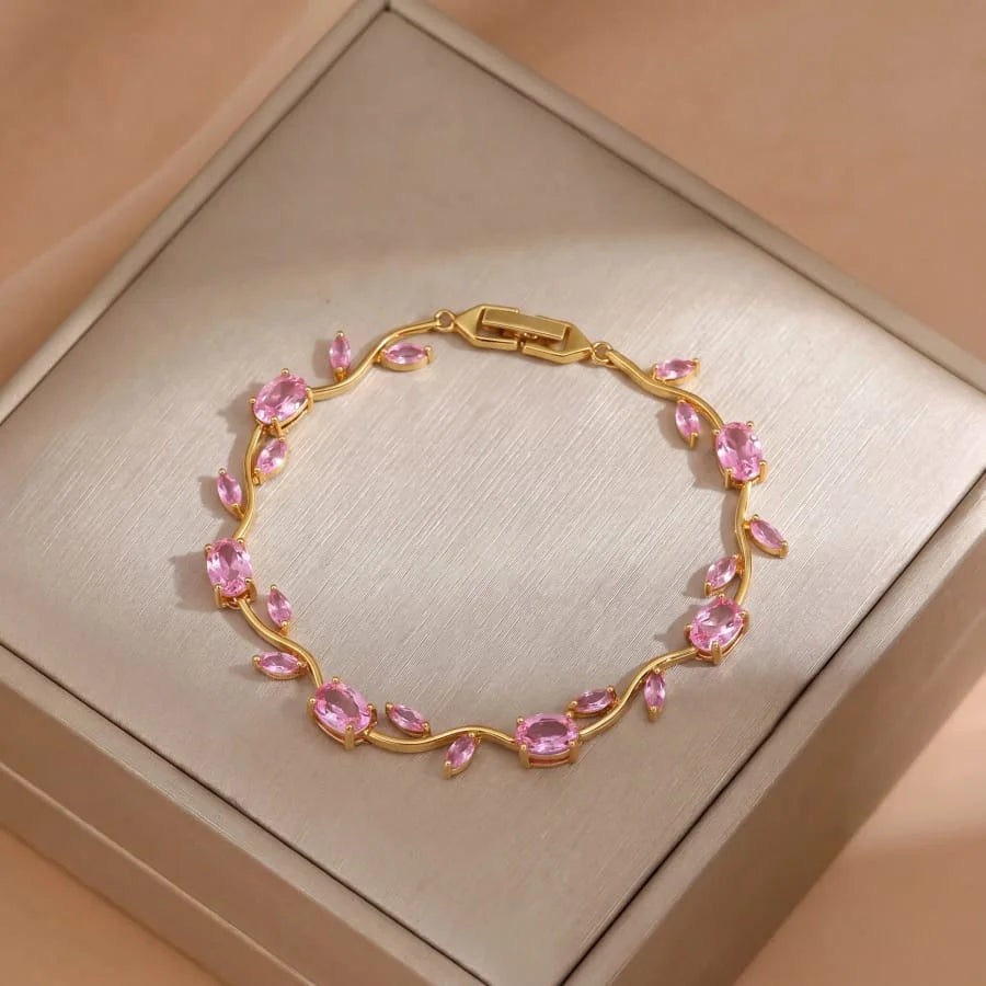 Luminous Design Gold Plated Crystal Stones Tulip Bracelet for Girls/Women Pink