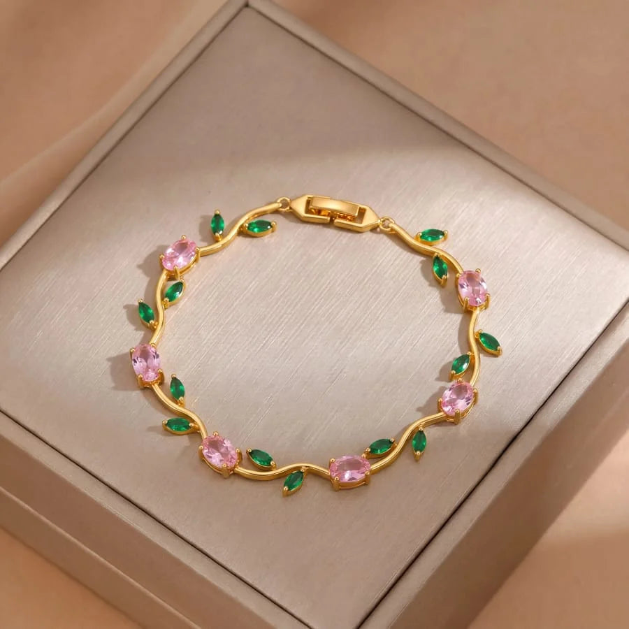 Luminous Design Gold Plated Crystal Stones Tulip Bracelet for Girls/Women Pink & Green