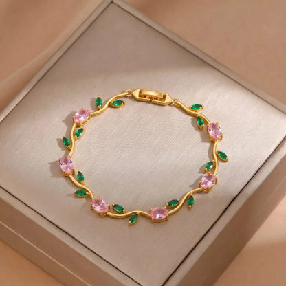 Luminous Design Gold Plated Crystal Stones Tulip Bracelet for Girls/Women Pink & Green