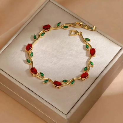 Luminous Design Gold Plated Crystal Stones Tulip Bracelet for Girls/Women Red+Green