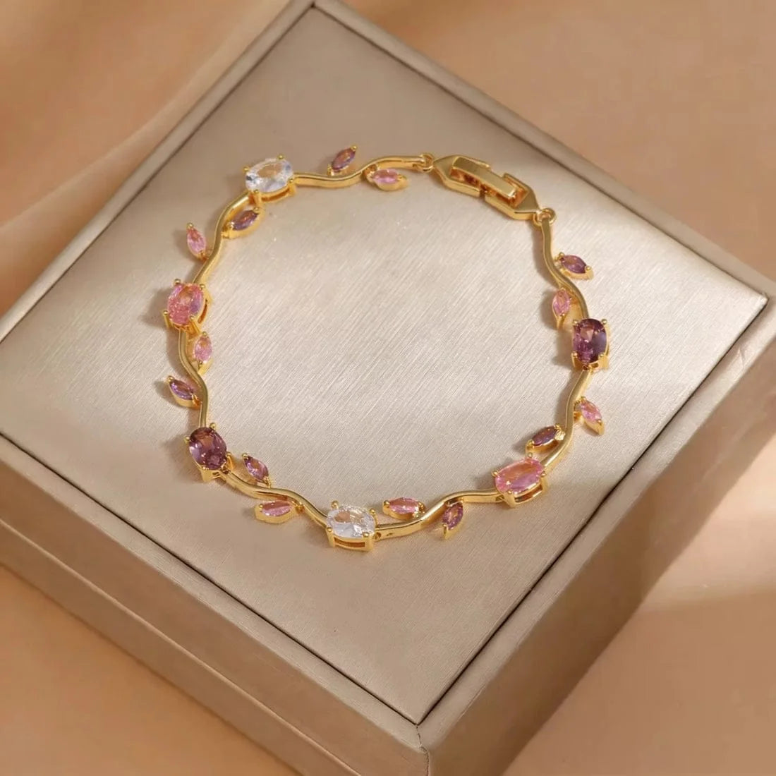 Luminous Design Gold Plated Crystal Stones Tulip Bracelet for Girls/Women Multi