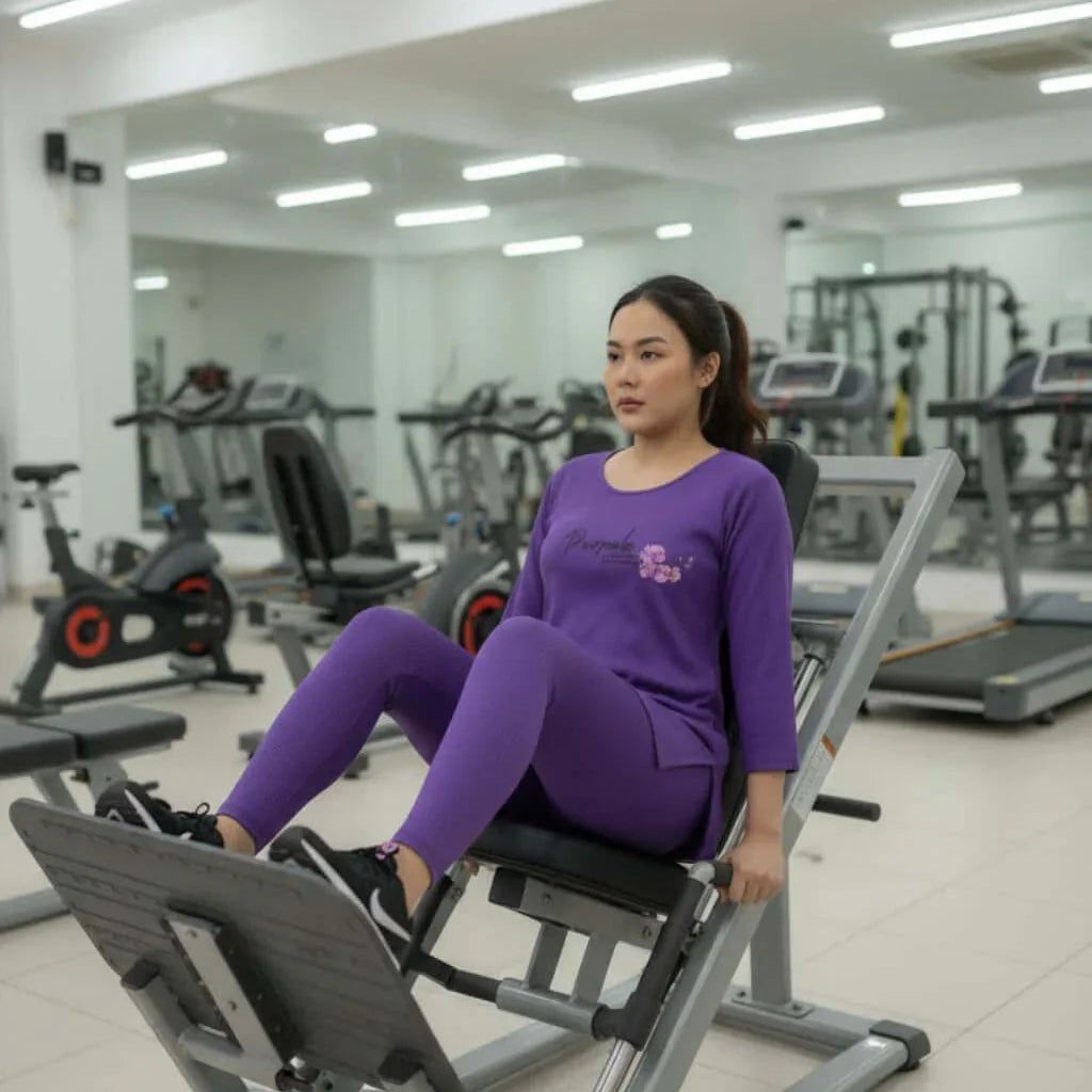Woman in purple activewear using leg press machine in modern gym