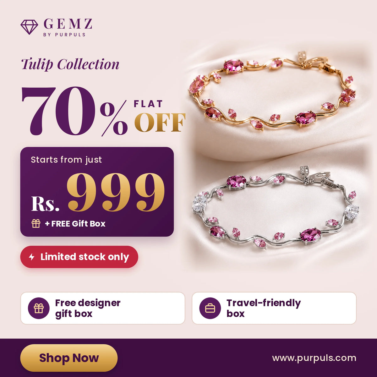 Promotional banner for the Gemz by Purpuls Tulip Collection, showing two bracelets on a soft cream background with large sale text '70% OFF' and 'Starts from just Rs. 999'.