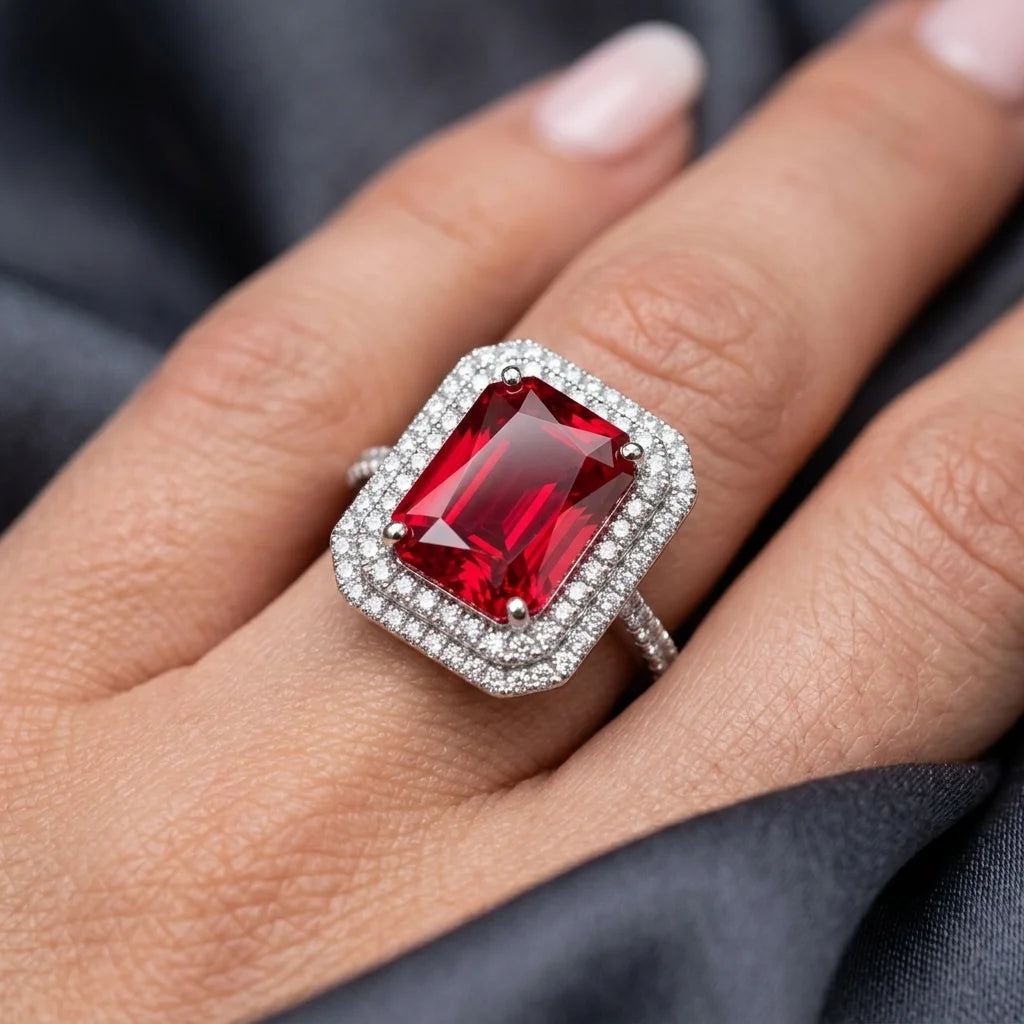Ring with a red gemstone and diamond accents on a hand