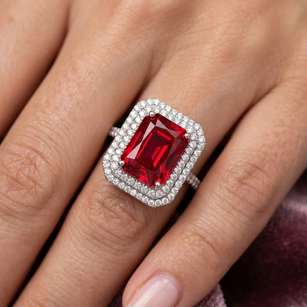 Red gemstone ring with diamond accents on a finger