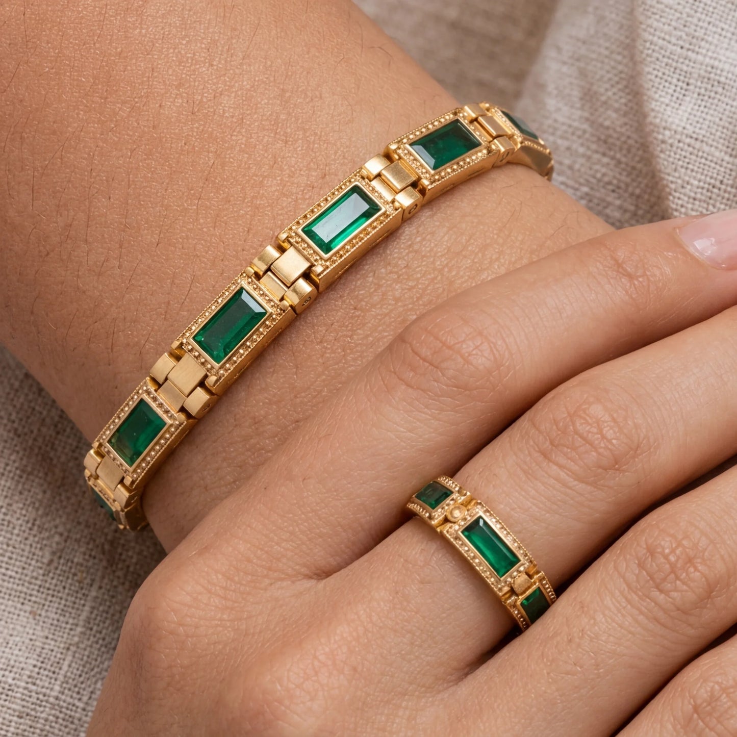 Gold bracelet and ring with green gemstones on a wrist and finger.