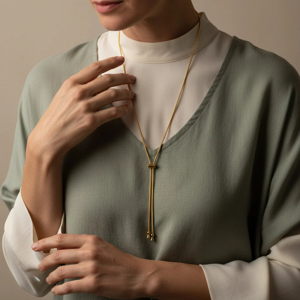 Person wearing a gold necklace with a neutral background