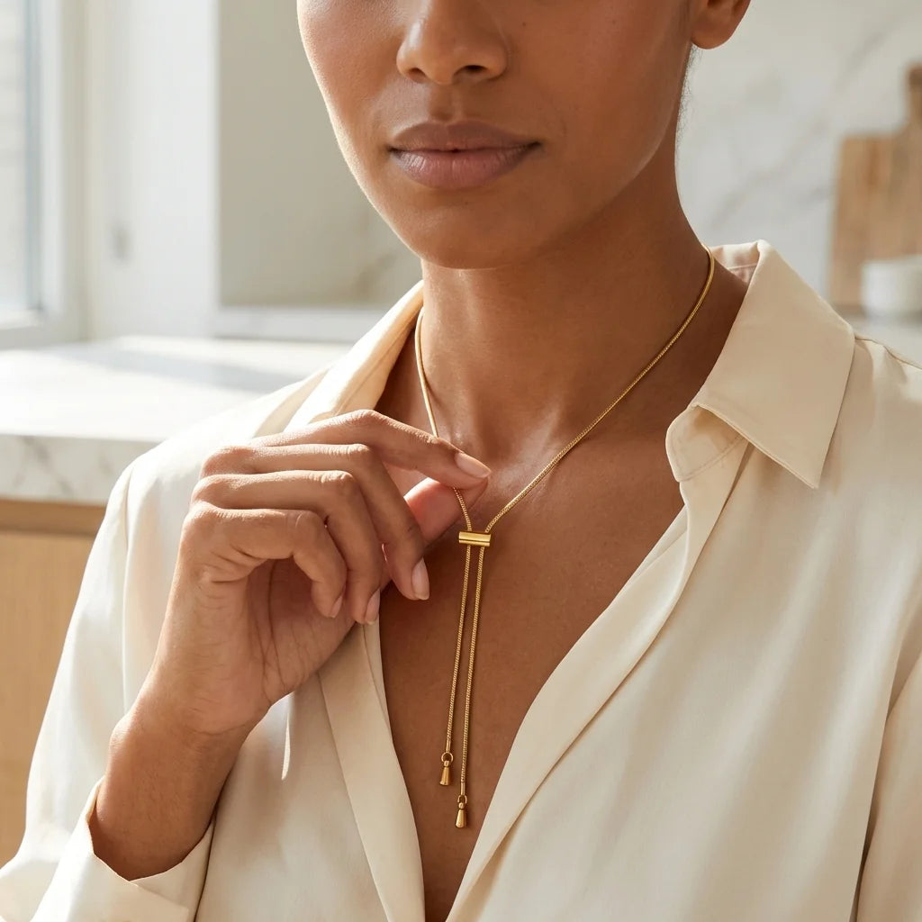 Woman wearing a gold necklace with a blurred background