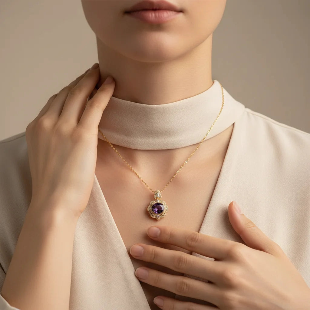 Necklace with a pendant worn by a person, focusing on the jewelry.