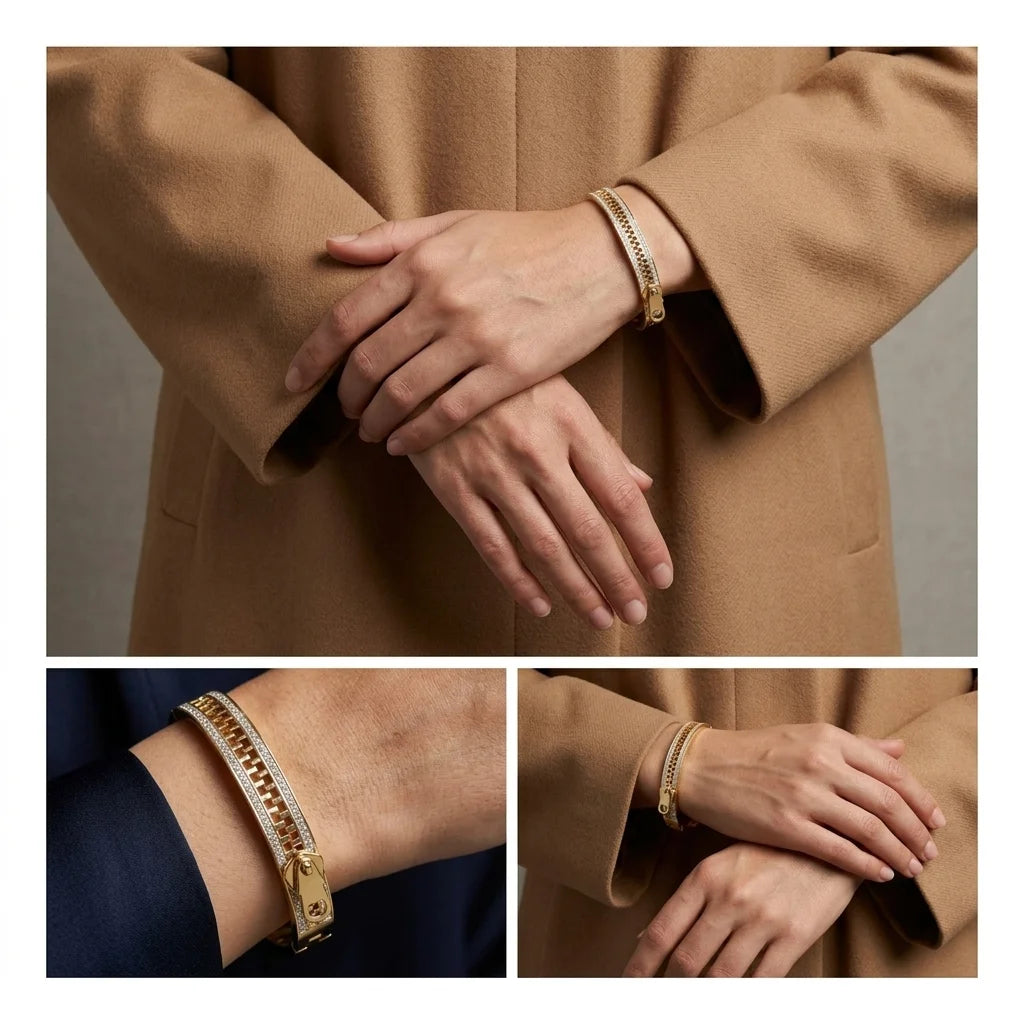 Collage of a person wearing a gold bracelet with a beige coat and navy sleeve.