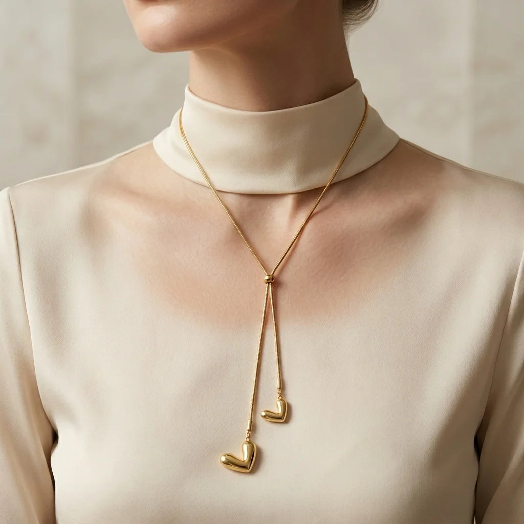 Gold necklace with heart pendants worn by a person in a beige outfit.