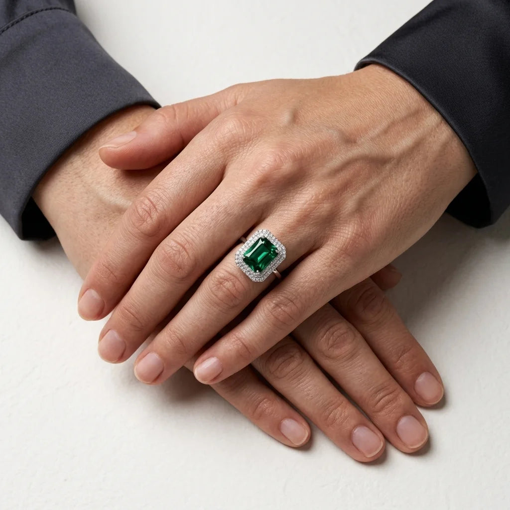 Hand wearing a ring with a green gemstone on a white background