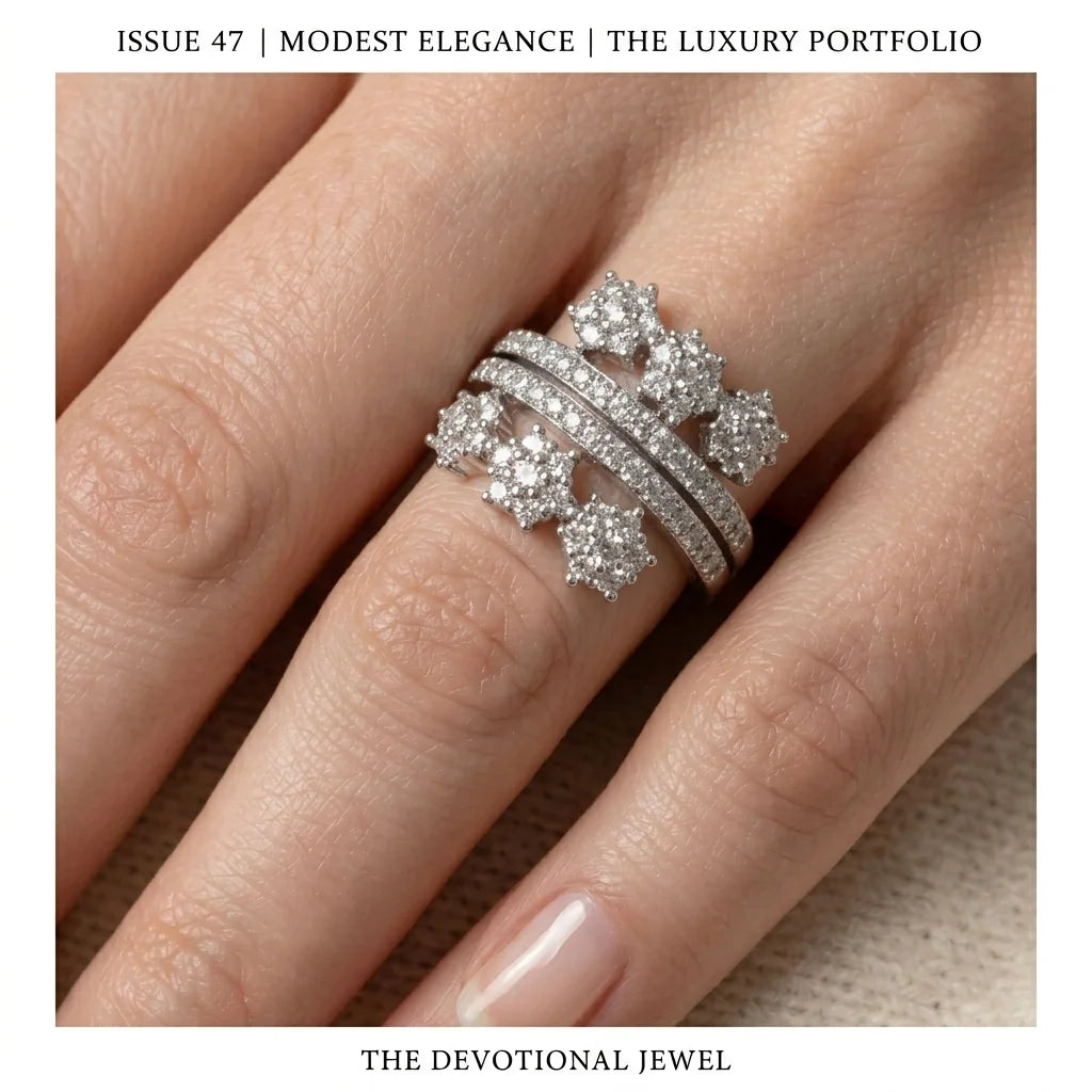 Silver ring with star-shaped diamonds on a finger, labeled 'The Devotional Jewel' from 'Modest Elegance'.