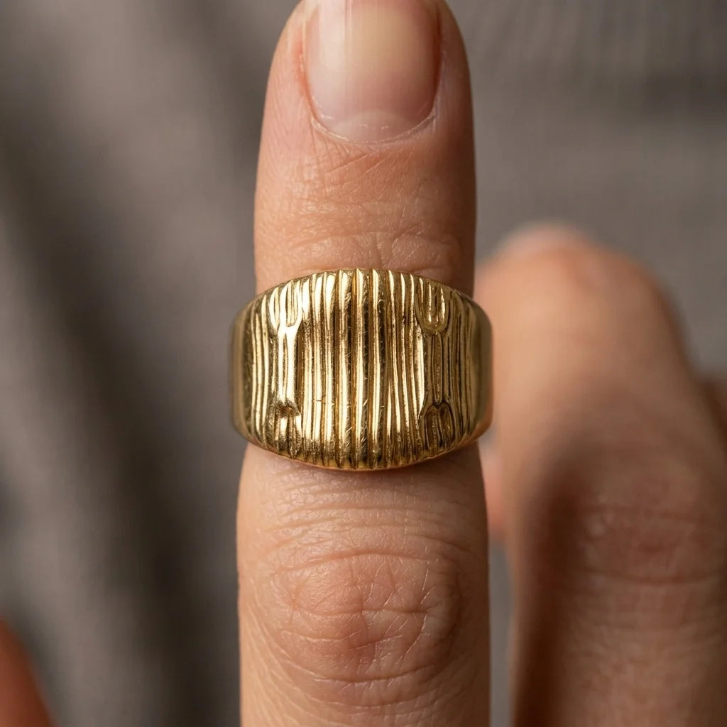 Gold ring on a finger with a blurred background
