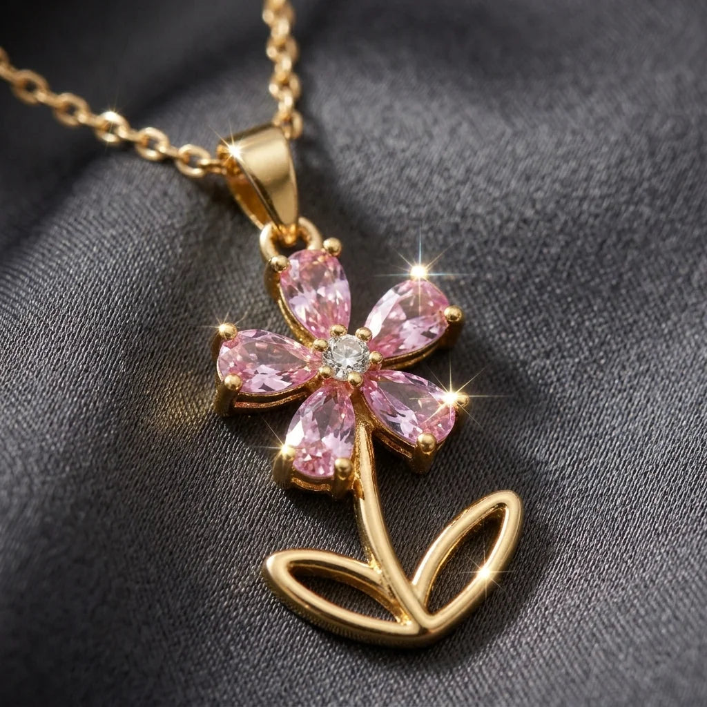 Gold necklace with a pink flower pendant on a dark fabric background