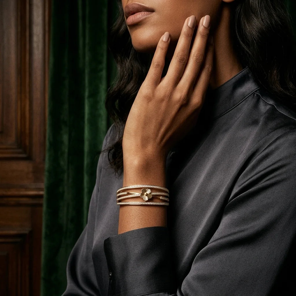 Woman wearing gold bracelets on a dark background