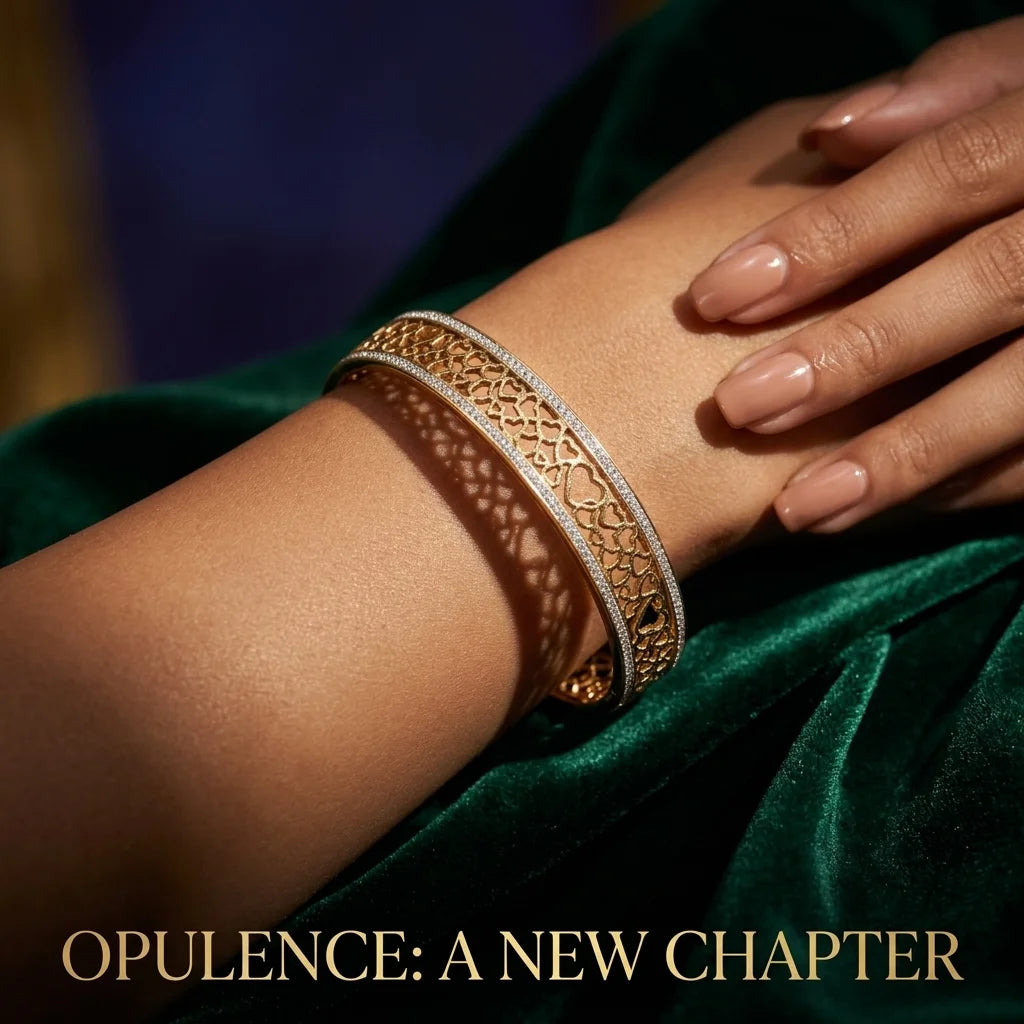 Gold bracelet on a wrist with a green fabric background and text 'Opulence: A New Chapter'.