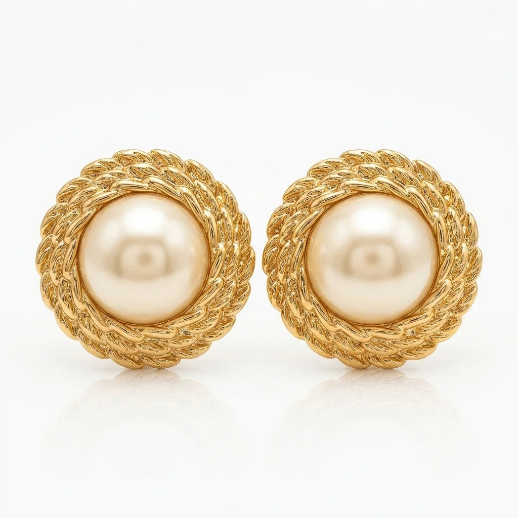 Pair of gold earrings with pearl centers on a white background