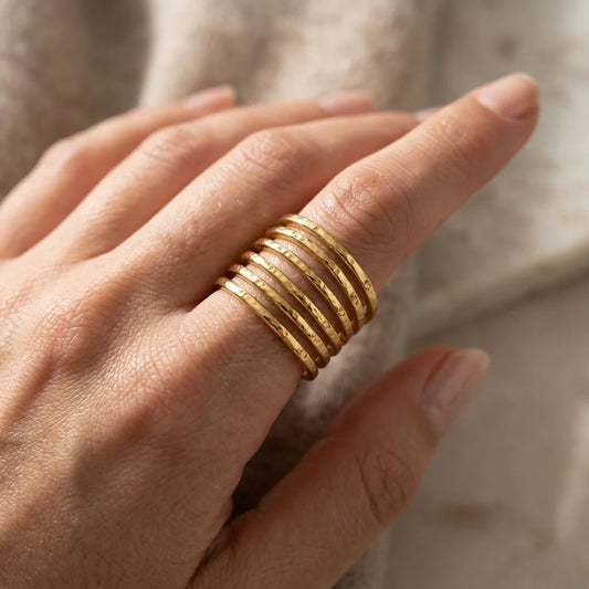 Hand wearing multiple gold rings on a neutral background