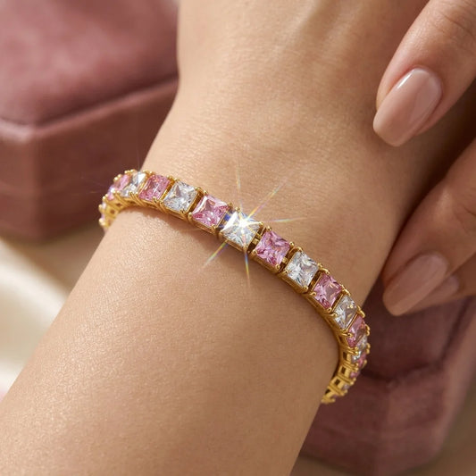 Closeup Tennis Bracelet in pink and white stone