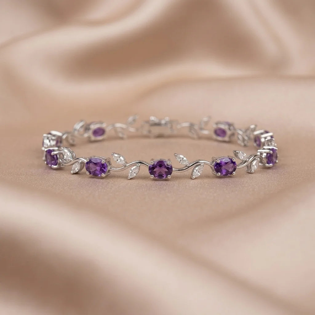 Silver bracelet with purple gemstones on a beige fabric background
