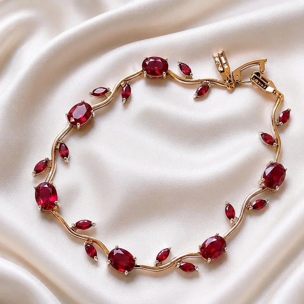 Gold bracelet with red gemstones on a white fabric background