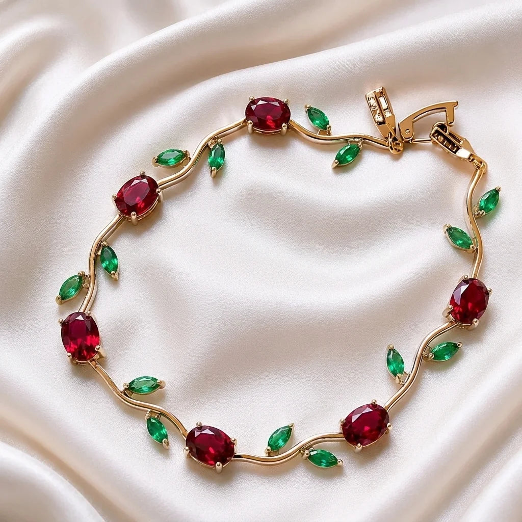 Gold bracelet with red and green gemstones on a white fabric background