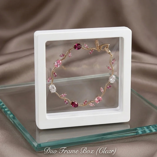 Jewelry display box with a decorative bracelet on a brown fabric background