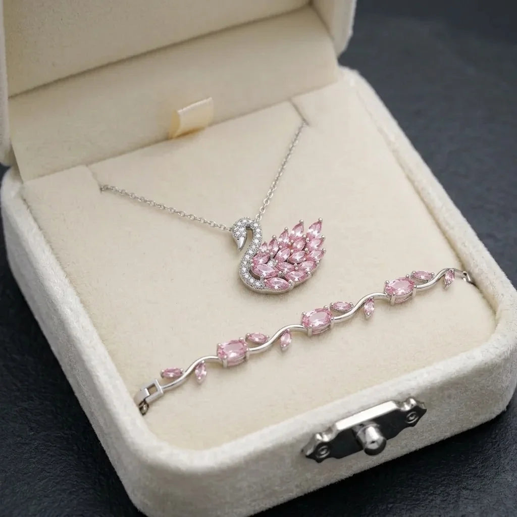 Luminous Swan Pendant + Tulip Bracelet Set (Premium Box Included)