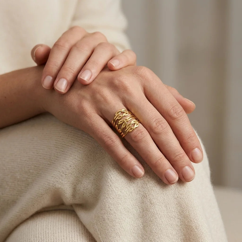 A close-up of a person's hands resting on their lap, wearing a wide, textured gold ring on one finger. The person is wearing a soft beige knit sweater, and the background is a softly blurred neutral indoor setting.
