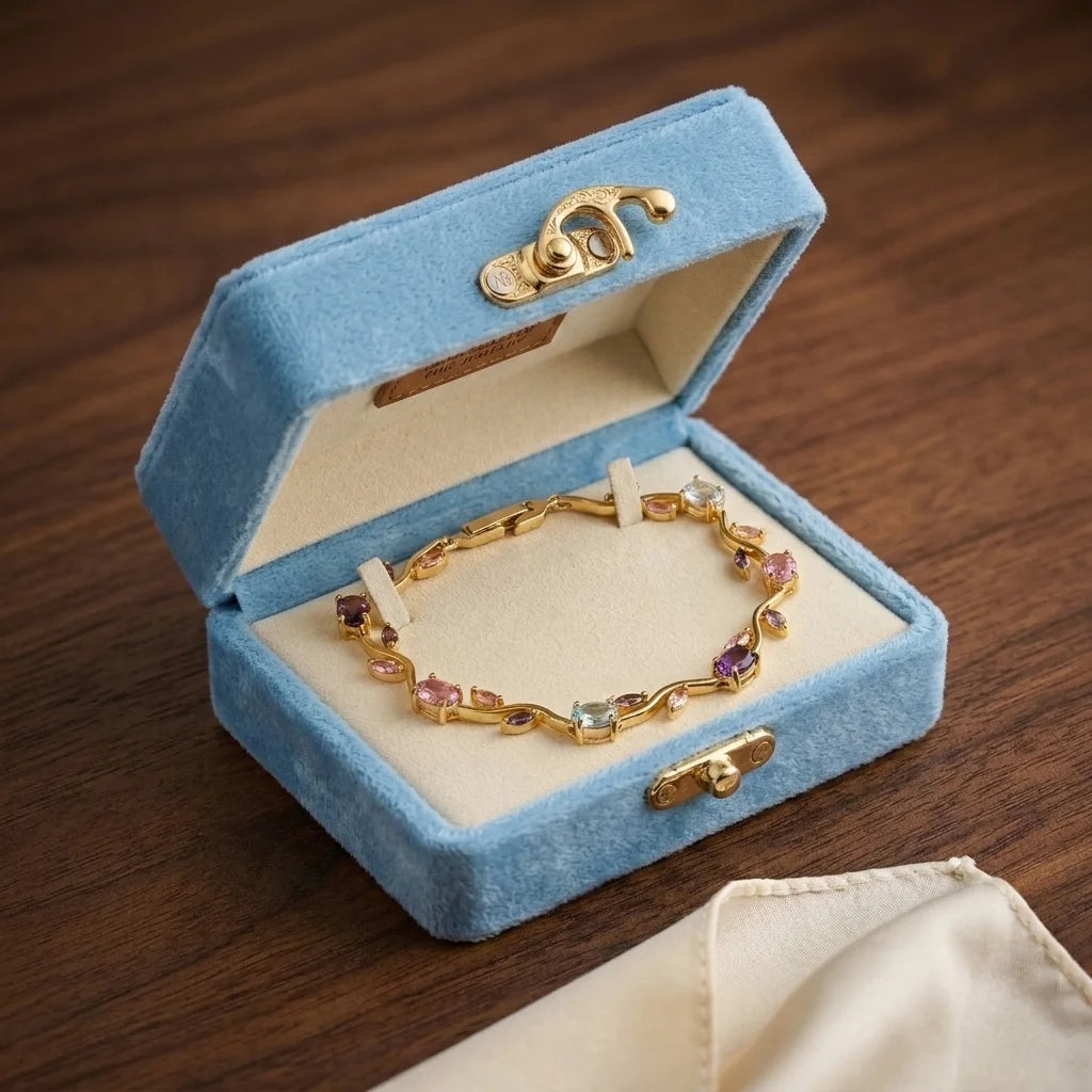 A gold chain bracelet with colorful gemstones displayed inside an open light blue velvet jewelry box on a dark wood surface.