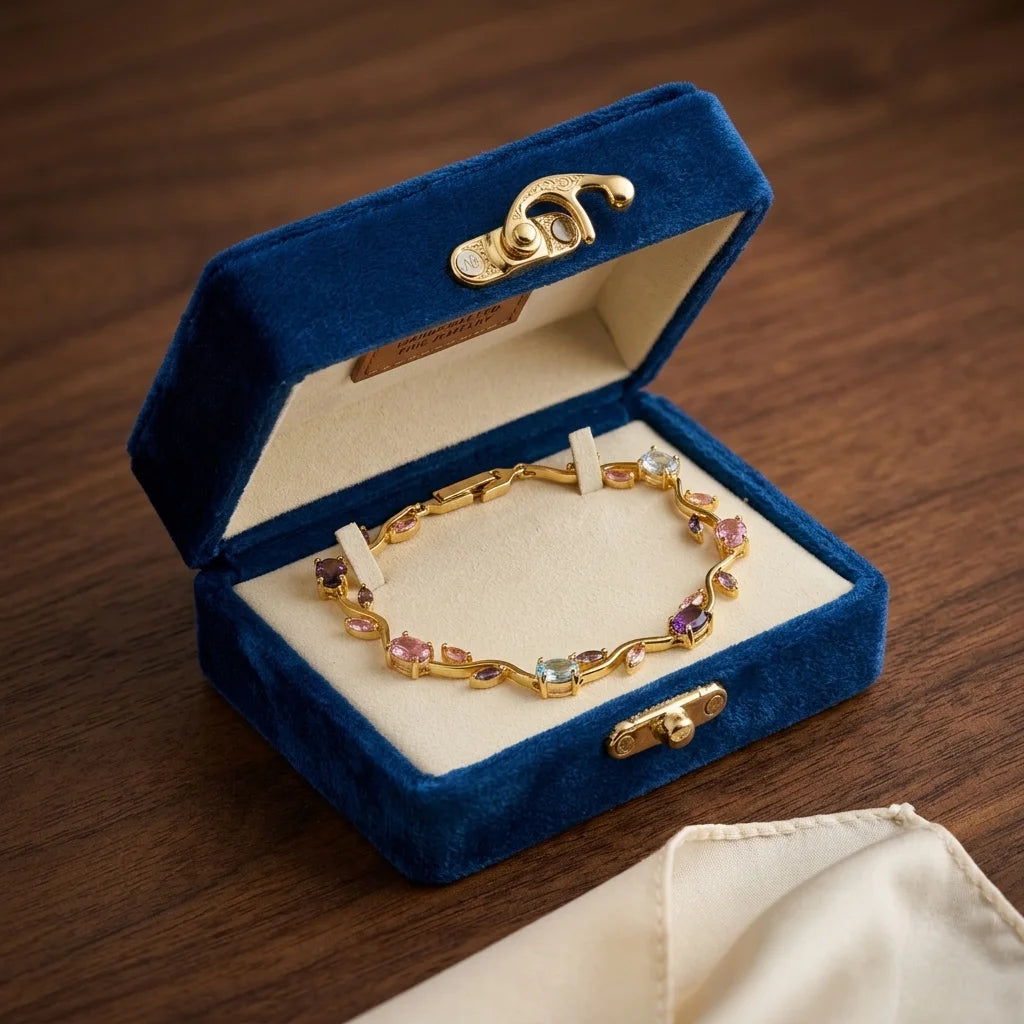 A gold chain bracelet with colorful gemstone accents displayed inside an open blue velvet jewelry box on a wooden surface.